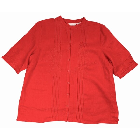 Tweeds Woman 100% Linen Pleated Embroidered Bright Orange Blouse Split Collar 2X - Picture 1 of 15
